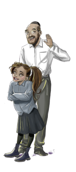 Smiling older man with glasses and a white shirt waving behind a young girl with a ponytail, wearing a gray sweater and skirt.