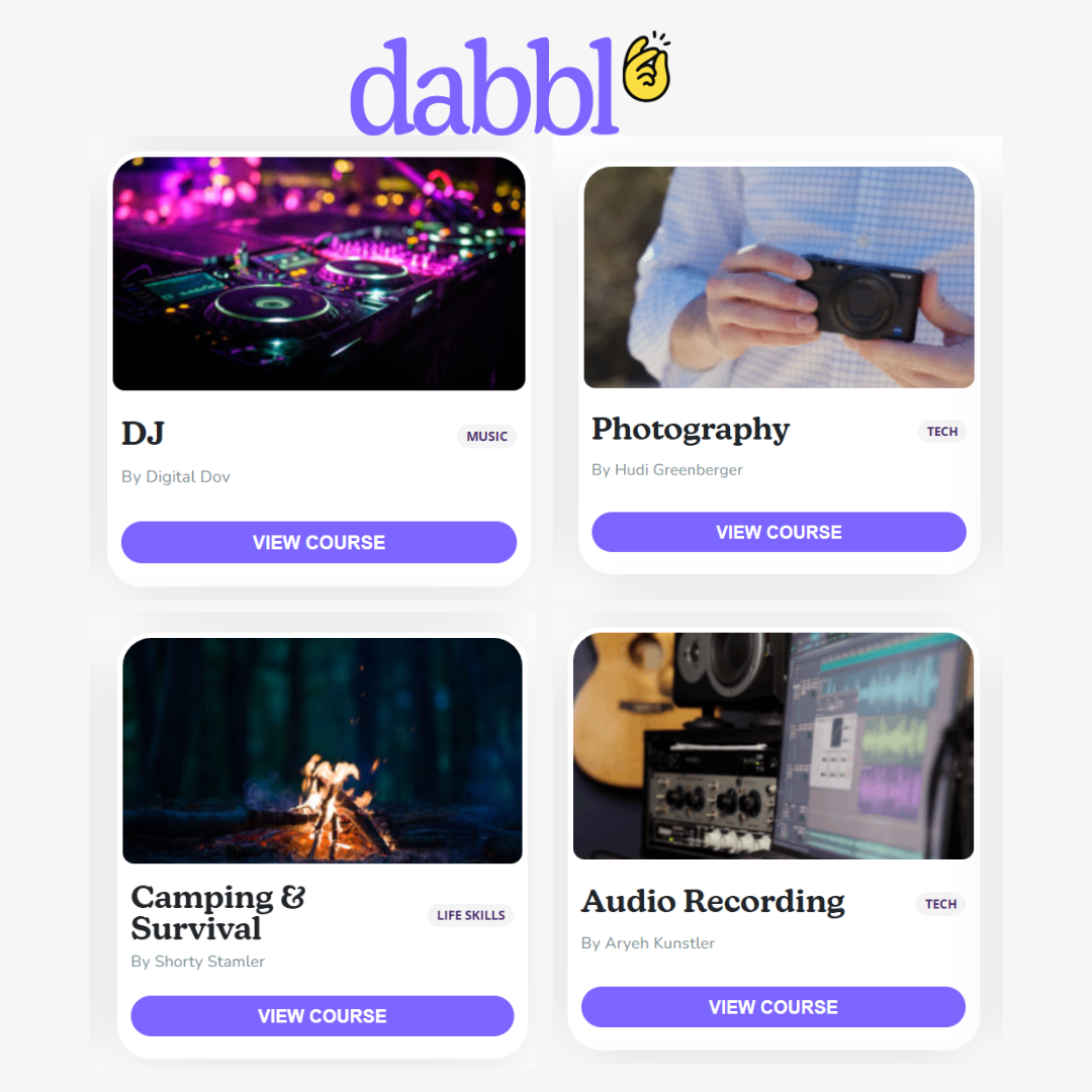 Dabbl course offerings featuring DJ, Photography, Camping & Survival, and Audio Recording with related images and purple view course buttons.