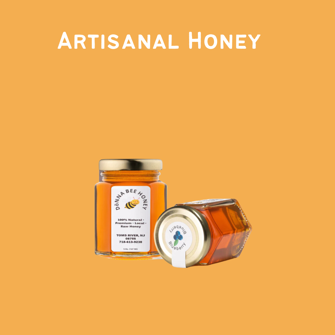 Artisanal Honey — two jars of Donna Bee raw honey on an orange background.