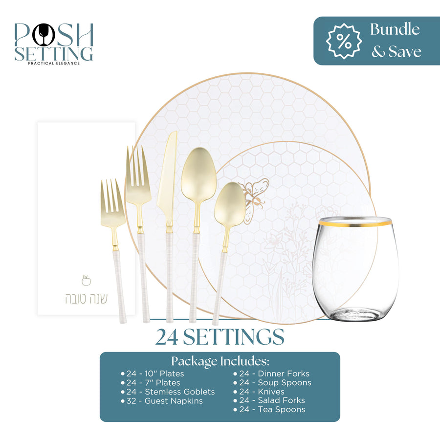 White and gold honeybee Rosh Hashana tableware bundle with plates, cups, flatware and napkins