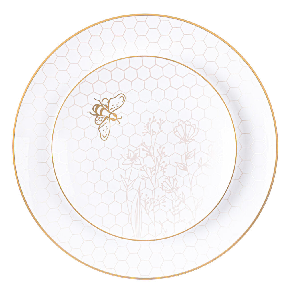 White and gold Honeybee dinner and salad plates with honeycomb and floral details