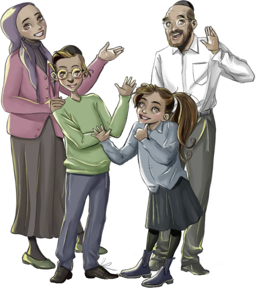 The It's Yom Tov mascot family in front of the arch
