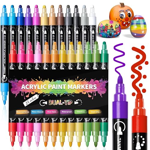 Acrylic paint markers, 24 water-based colors with dot and fine tips for clay, wood, glass and fabric