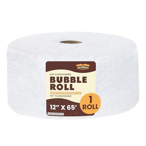Roll of large bubble wrap, 12 inches wide and 65 feet long, for cushioning and textured craft work