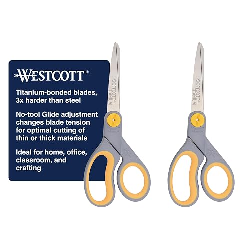 Two 8-inch scissors pair long-lasting titanium-bonded blades with soft handles and adjustable glide