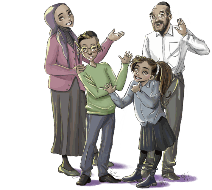 Illustrated family sitting together in their sukkah