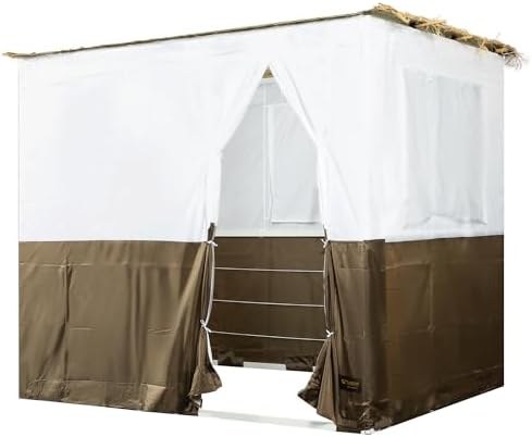 Snap-in sukkah kit with white and brown fabric walls and a windowed door