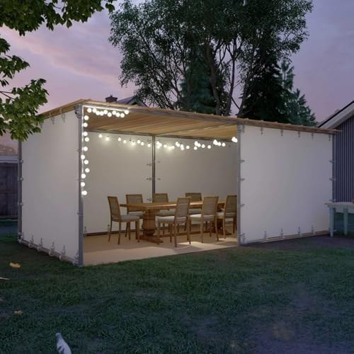 Sieger sukkah kit with schach and string lights set up in a backyard