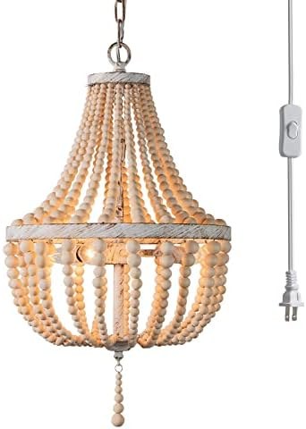 Boho-style chandelier with wooden beads