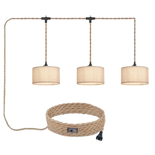 Three plug-in pendant lights with hand-woven fabric shades on rope cords