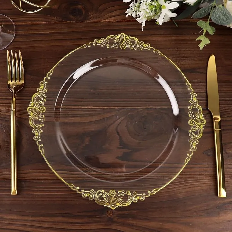 Clear plastic plates with a gold baroque-pattern rim