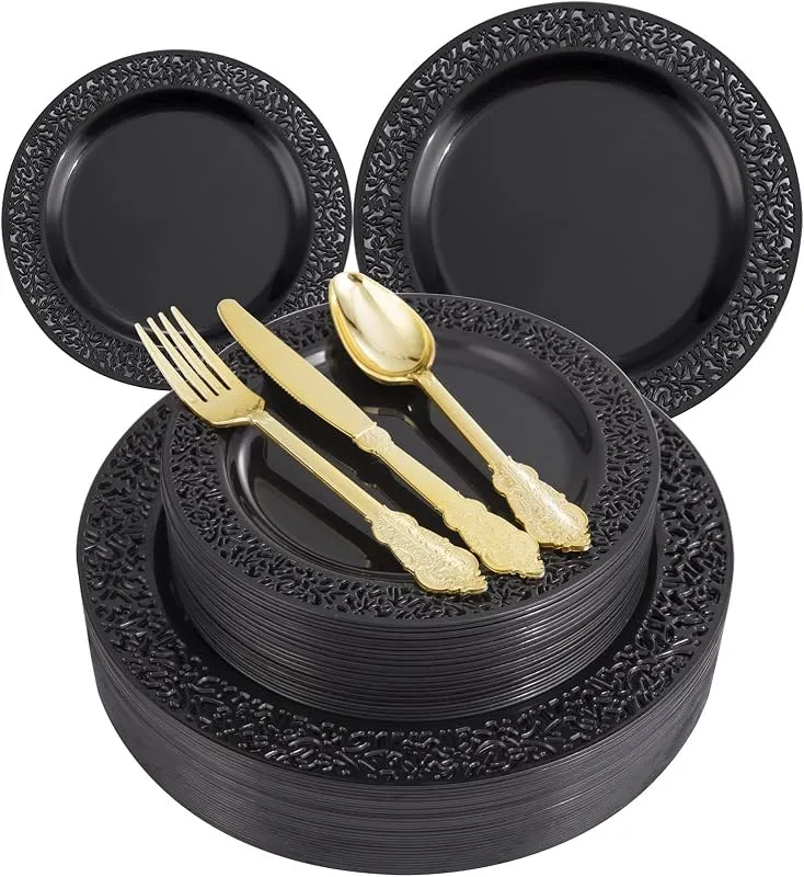 Black plastic plates paired with gold plastic cutlery