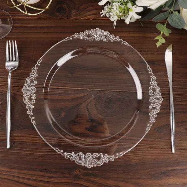 Clear plastic plates with a silver baroque-pattern rim