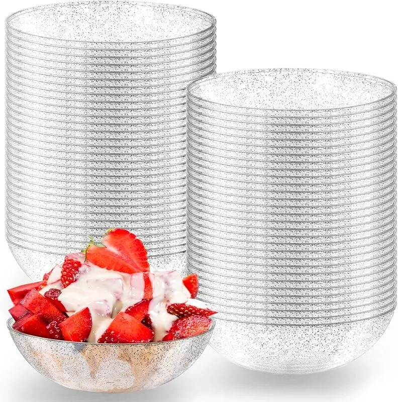 Plastic soup bowls with a silver glitter finish