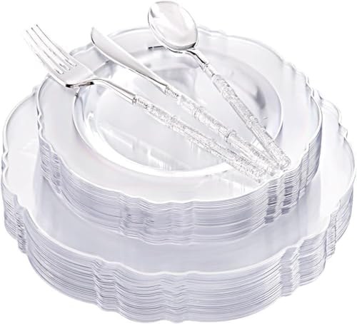 Silver glitter-rim plastic plates and cutlery set