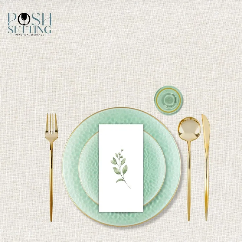 Combo set of green and gold plastic plates with a hammered texture
