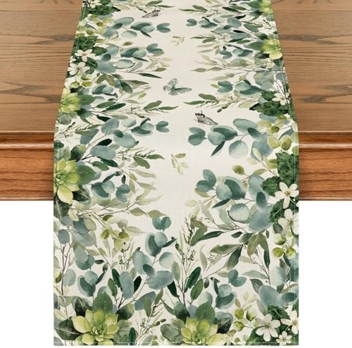 Table runner printed with eucalyptus leaves