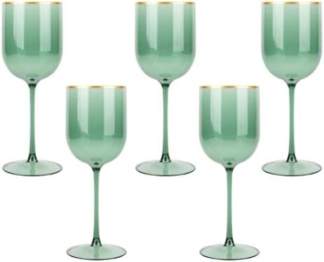 Green plastic wine glasses with a gold rim