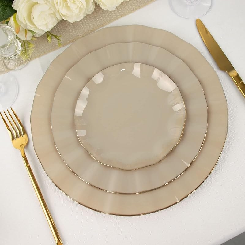 Taupe plastic plates with a wavy edge