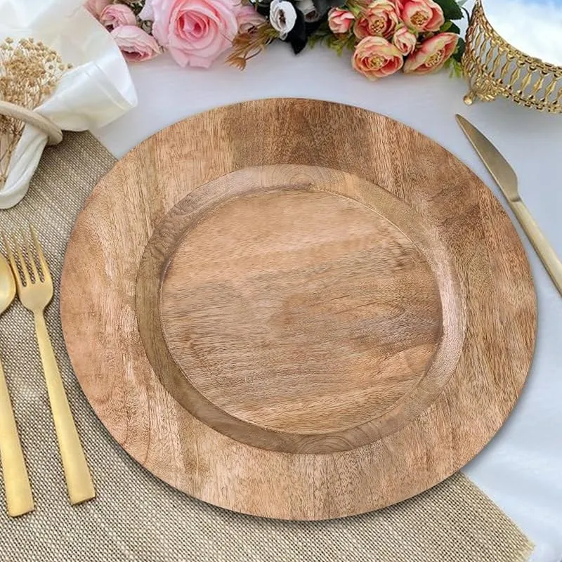 Charger plates with a faux wood finish