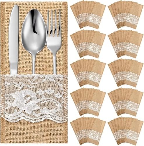 Burlap and lace pouch for holding utensils