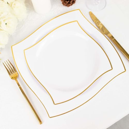 White and gold wavy-rim square plastic salad plates
