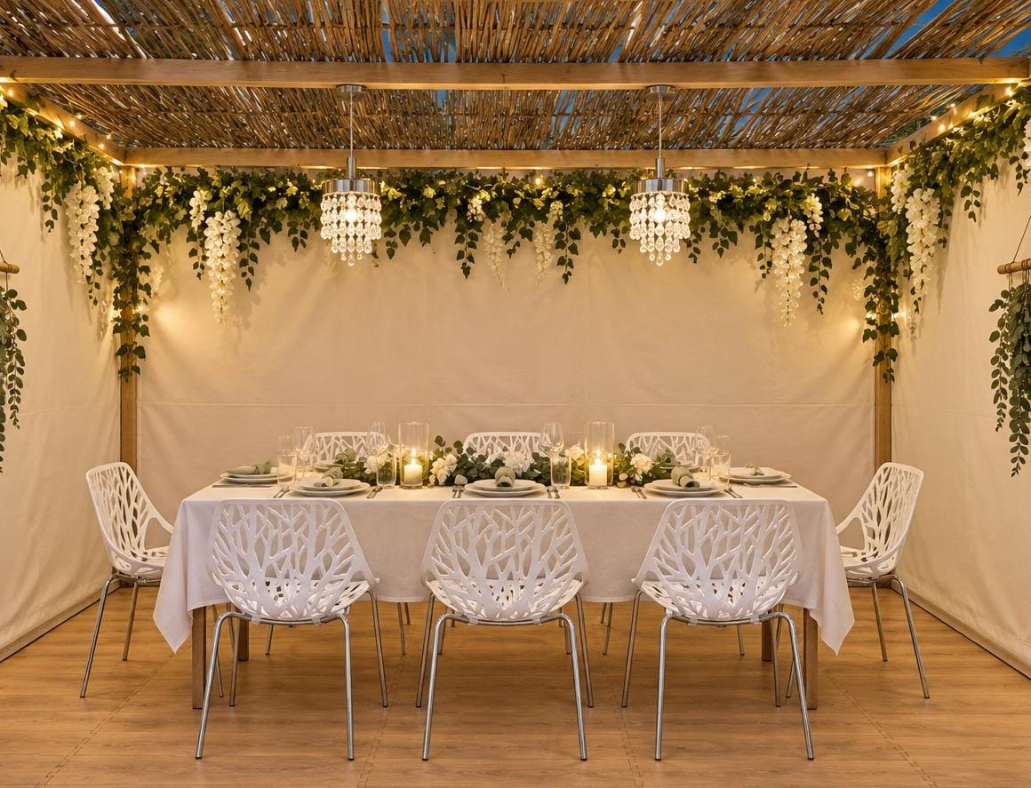 A sukkah decorated for yom tov: a long table set with white linen, candles and greenery, under a bamboo schach roof hung with white flowers and warm string lights.