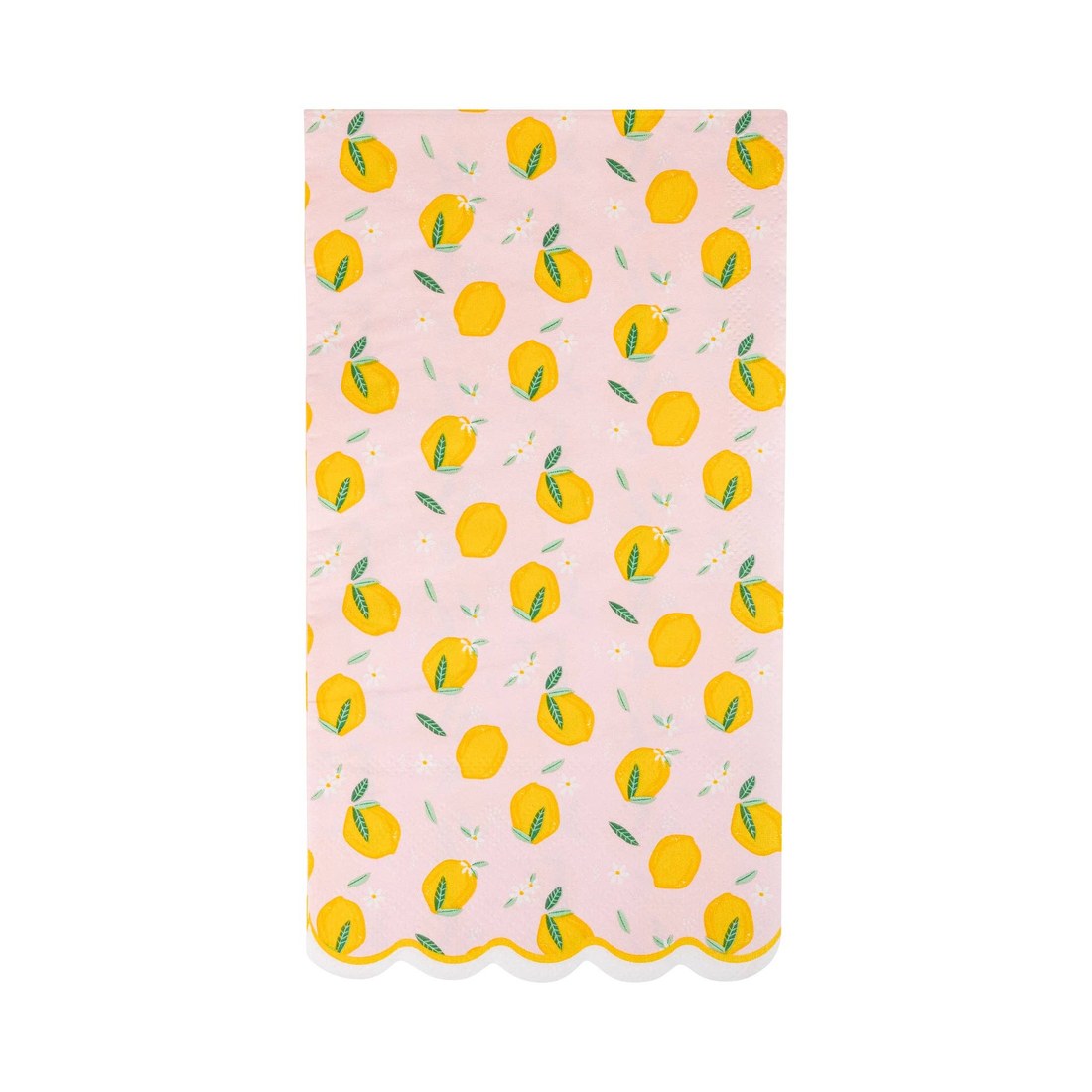Paper dinner napkin printed with yellow lemons on a pale pink ground