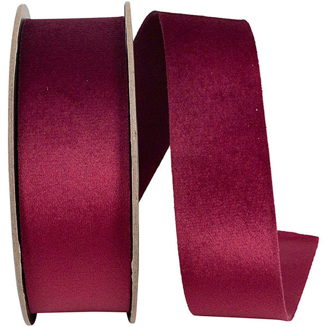 Spool of burgundy double-faced velvet ribbon with a length unrolled