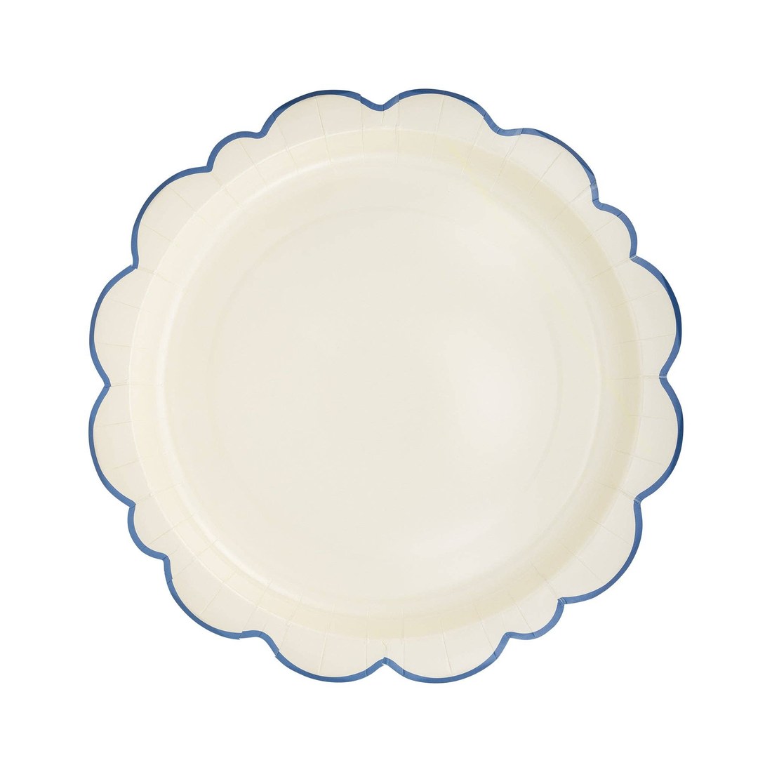 Cream paper plate with a blue scalloped rim