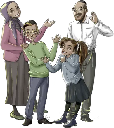 The Chagim family standing inside the sukkah and greeting visitors