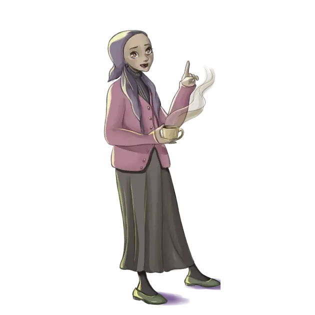 Illustration of a smiling woman in a headscarf and pink cardigan holding a steaming cup of tea and raising one finger.