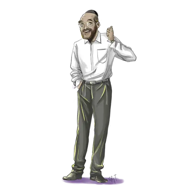 Illustration of a smiling bearded man in a kippah and glasses, wearing a white shirt and dark pants, giving a thumbs up.