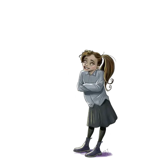 Illustration of a smiling girl with brown hair in a ponytail, wearing a light blue shirt, dark skirt, black leggings, and gray boots, standing with arms crossed.