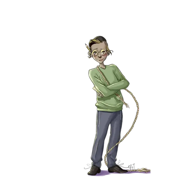 Illustration of a boy with glasses in a green sweater standing with his arms crossed, holding a coiled rope.