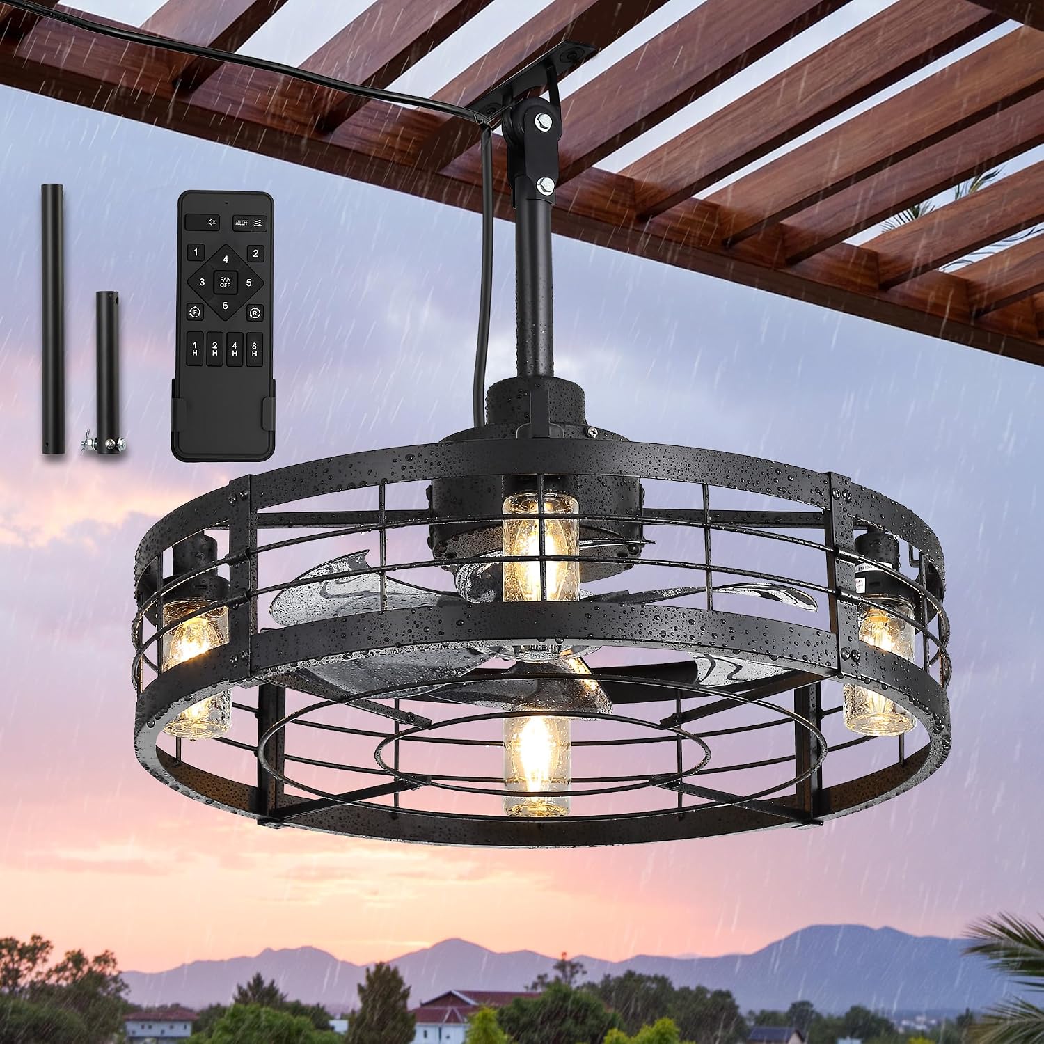 Black outdoor ceiling fan with a built-in light and remote control