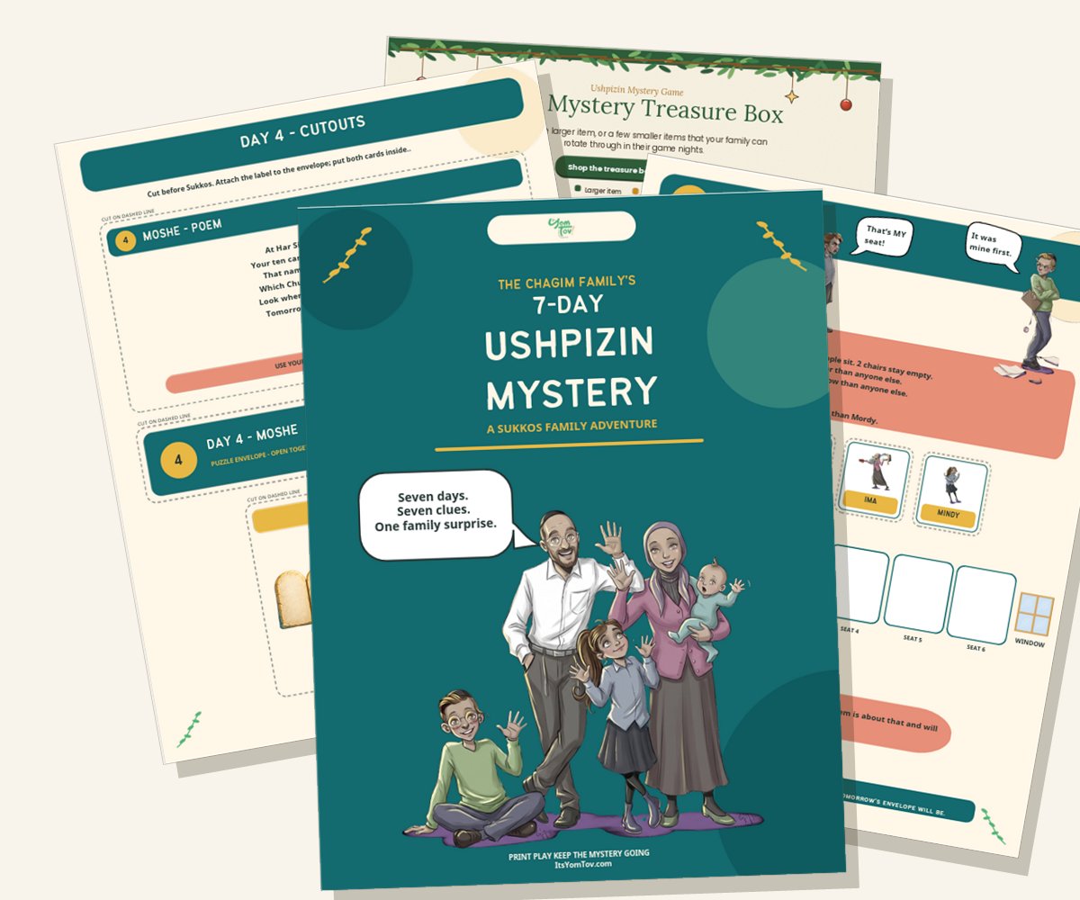 The printed pages of the 7-Day Ushpizin Mystery fanned out