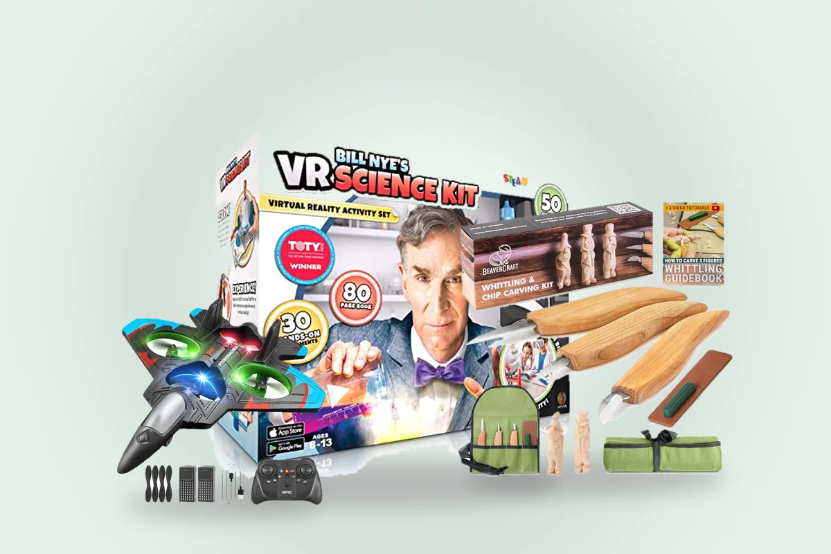VR science kit, whittling kit and RC jet from the tween boys guide