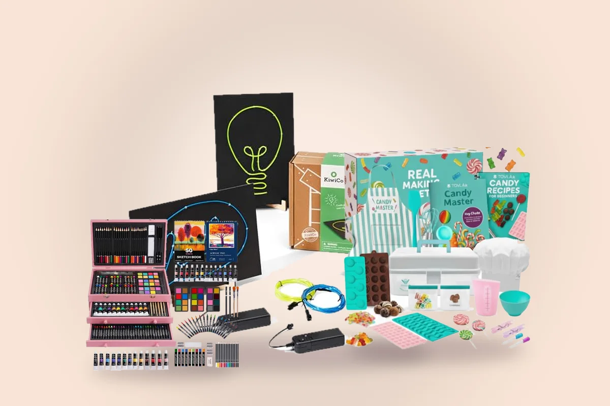 Neon sign kit, candy making set and art set from the elementary girls guide