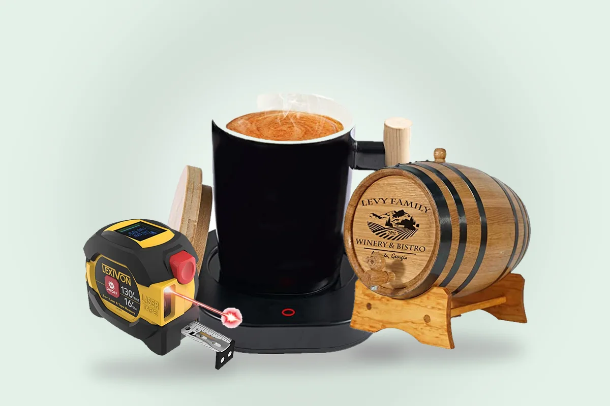 Mug warmer, whiskey barrel and laser tape measure from the men’s guide