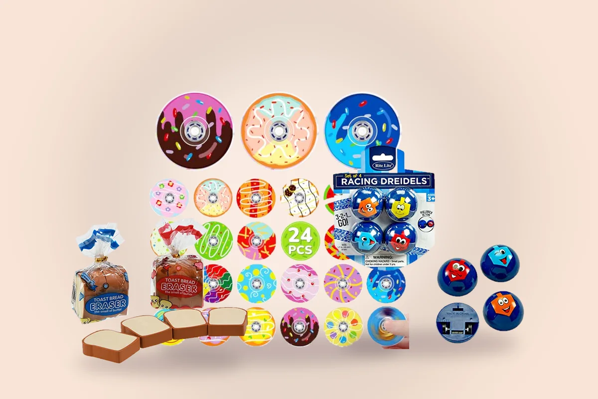 Donut fidget spinners, racing dreidels and bread erasers from the prizes guide