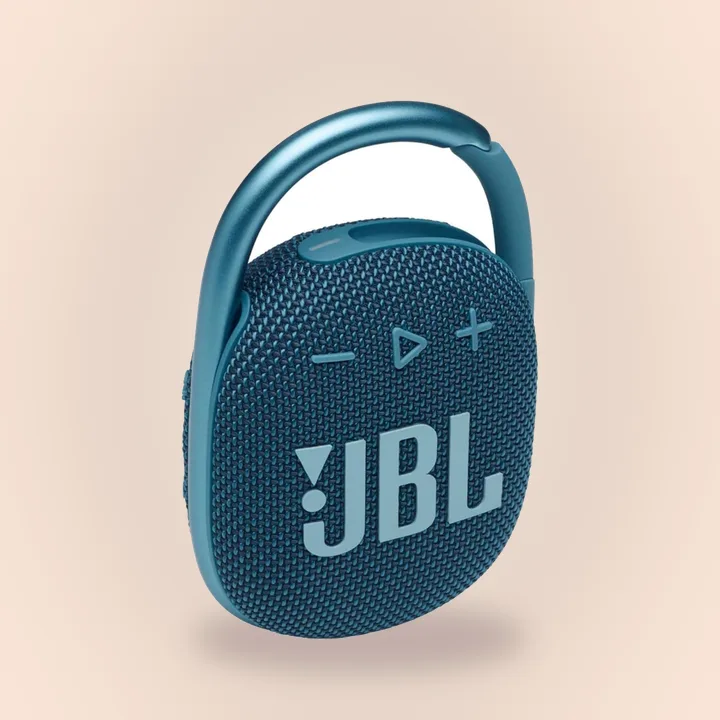 Blue JBL Clip 4 speaker with carabiner
