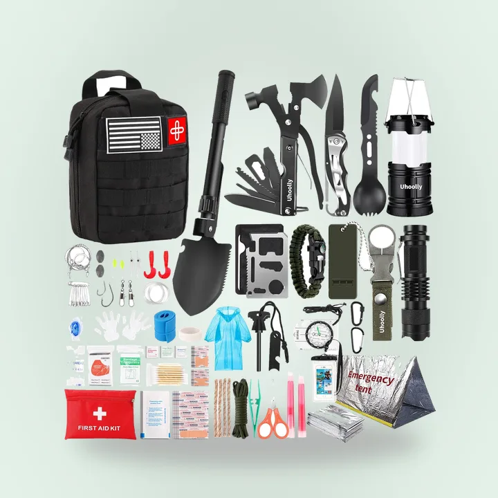 Survival kit pouch with tools laid out