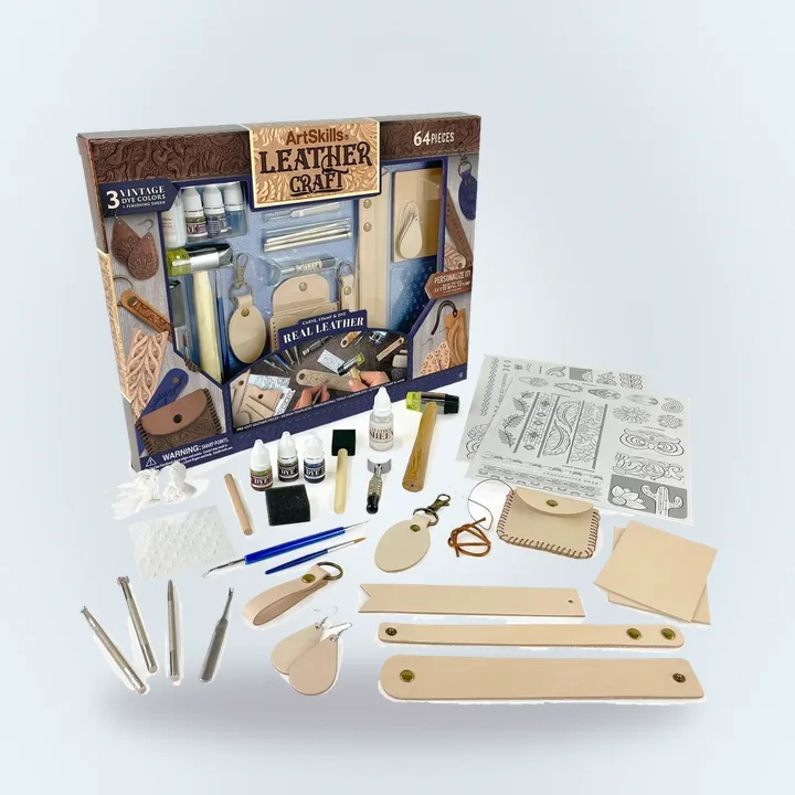 Leather working kit with tools and leather pieces
