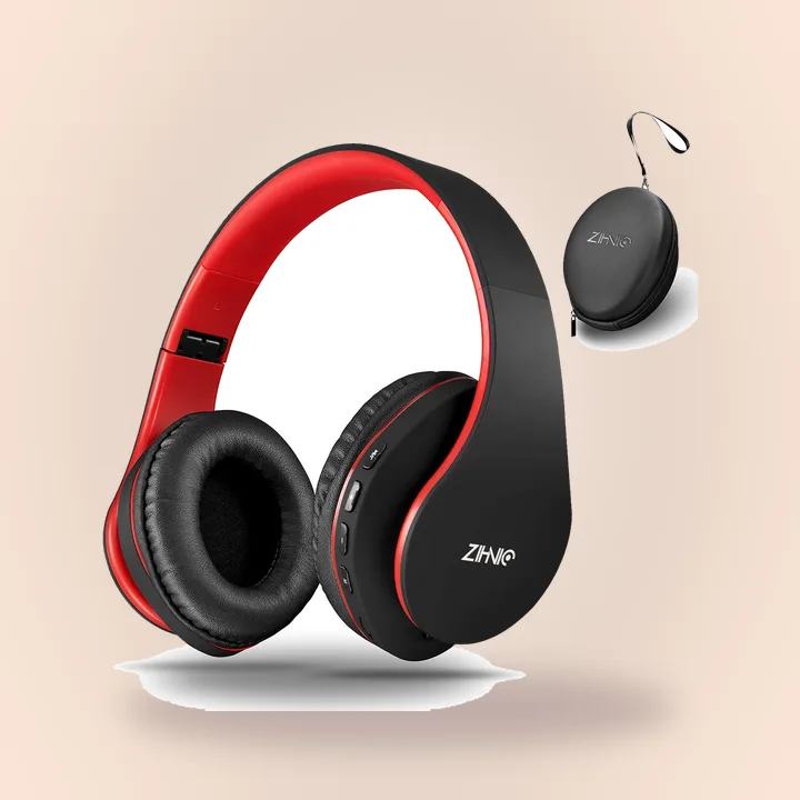 Black and red foldable over-ear headphones