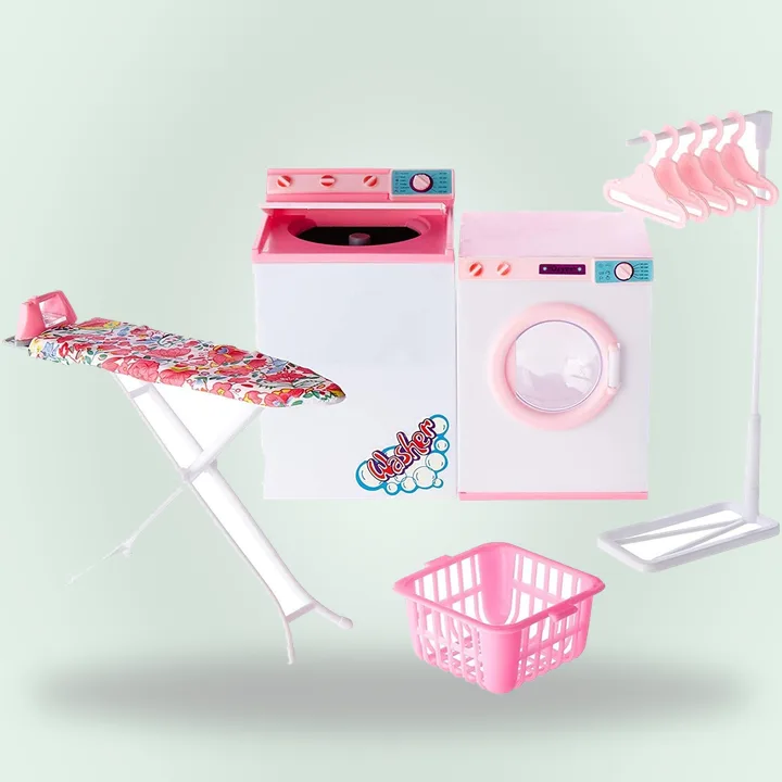 Pink and white dollhouse laundry set
