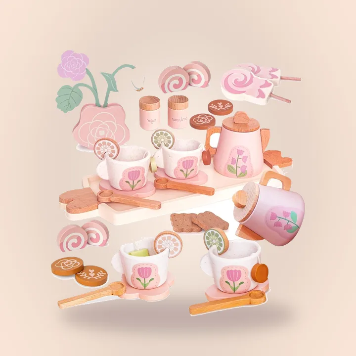 Pink wooden tea set