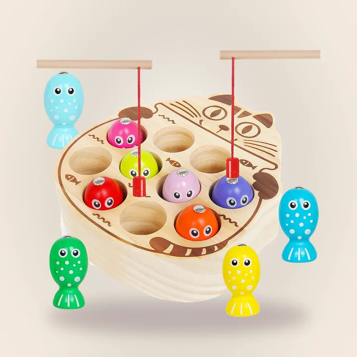 Wooden cat fishing game with magnetic fish