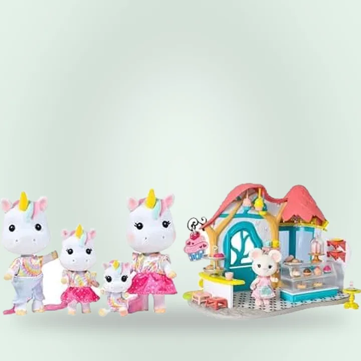 Unicorn family dolls with a pastry shop playset