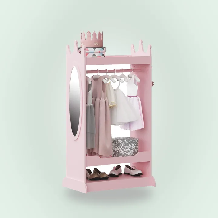 Pink crown-topped kids wardrobe with mirror